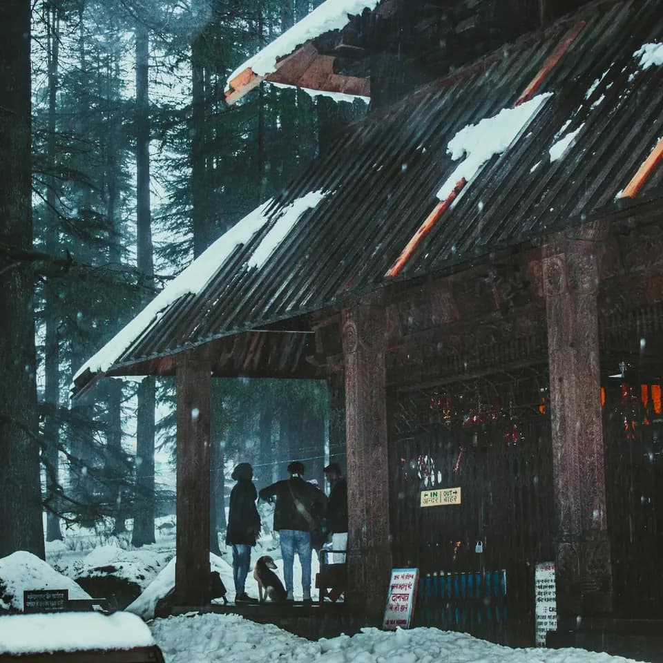 Mountain cabin among pine trees and snow