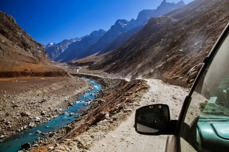 Mountain road and river valley in the Spiti region