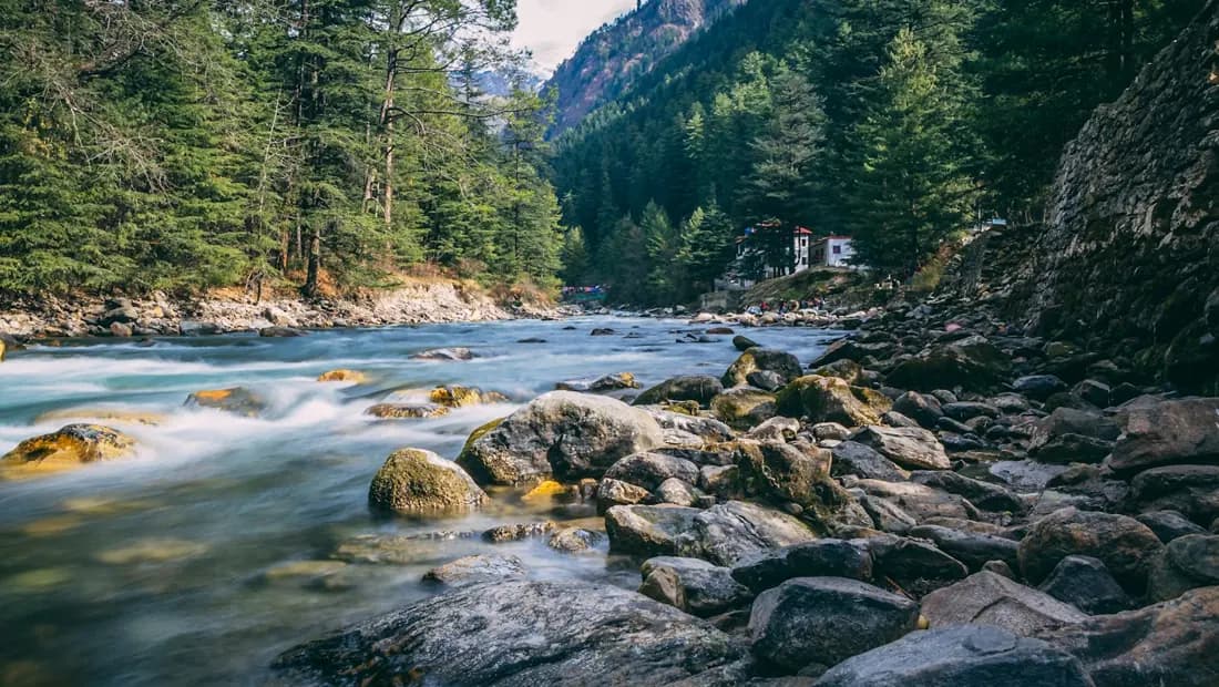 Parvati River flowing past rocks and forest in Kasol