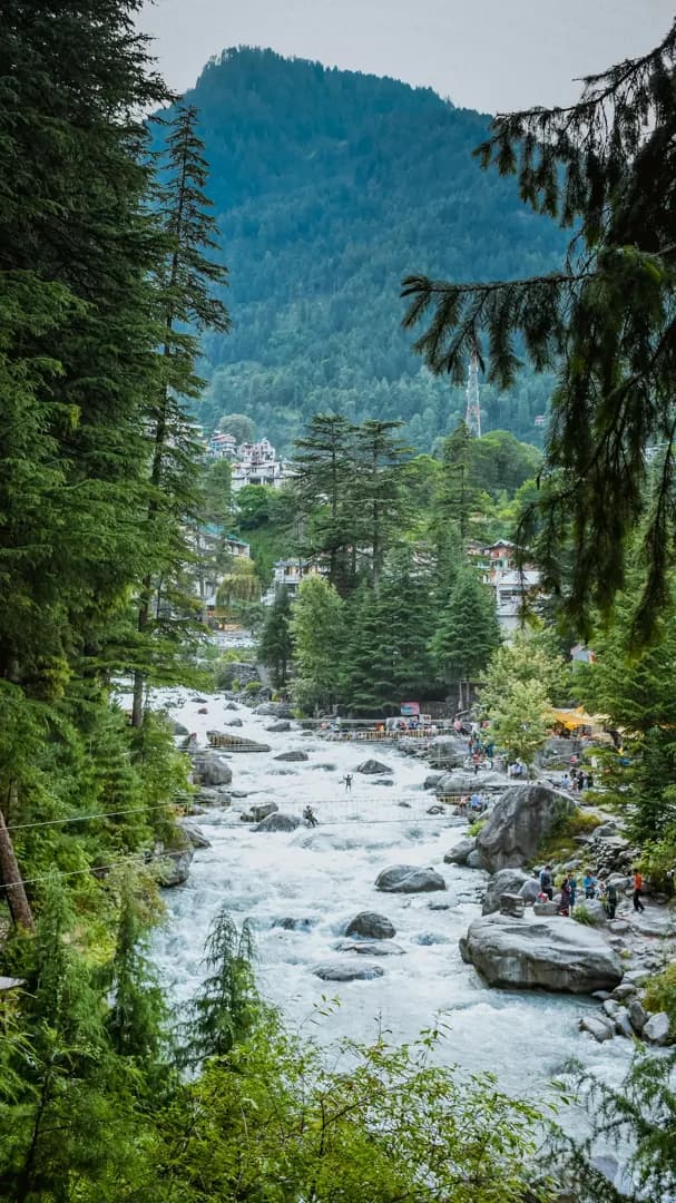 River flowing through a forested Manali valley