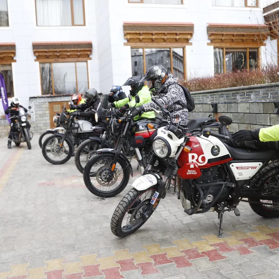 Motorcycle group preparing for a mountain trip